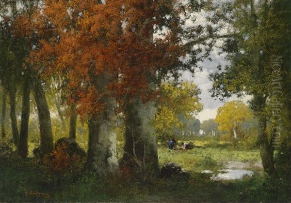 Waldlichtung Mit Reisigsammlerin Oil Painting by Adolf Kaufmann