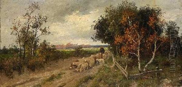 Schafer Mit Seiner Herde Oil Painting by Adolf Kaufmann