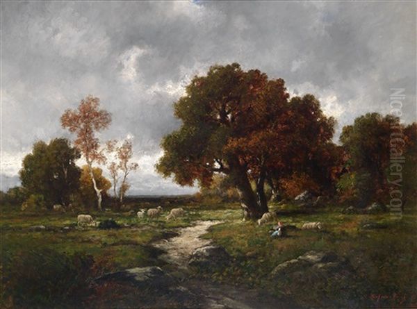 Aufziehendes Gewitter Uber Einer Landschaft Mit Schafherde Und Hirtin Oil Painting by Adolf Kaufmann