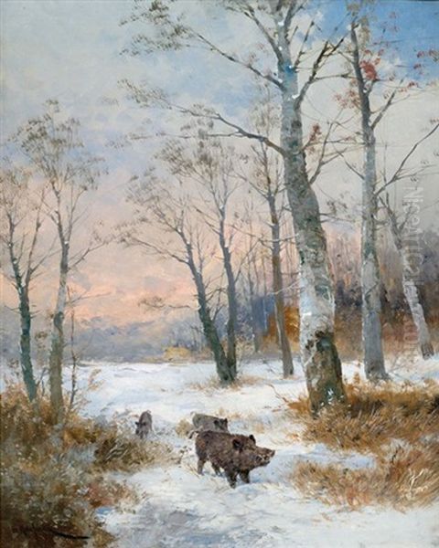 Wildschweine Im Winterwald Oil Painting by Adolf Kaufmann