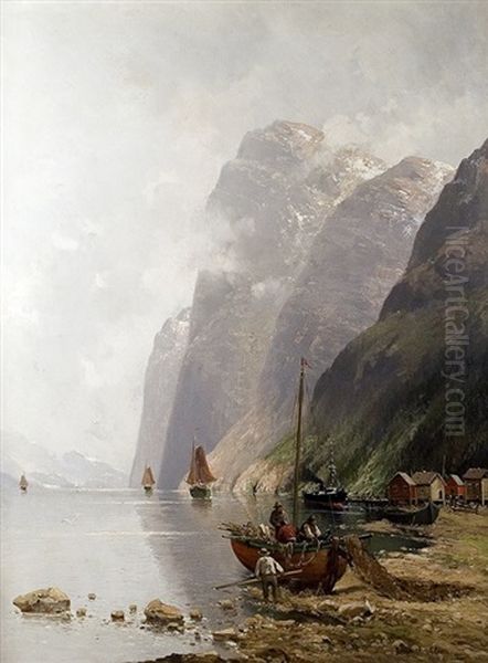 Fishermen At The Fjord Oil Painting by Adolf Kaufmann