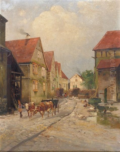 Dorfstrase In Salmunster (saalmunster) Oil Painting by Adolf Kaufmann