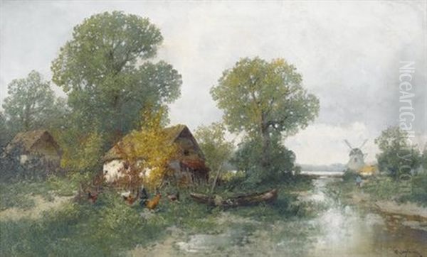 Flusspartie Mit Huhnern, Bauernhausern Und Windmuhle Oil Painting by Adolf Kaufmann