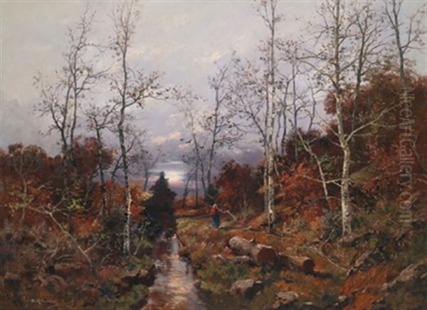 Holzsammlerin Im Wald Bei Abendstimmung Oil Painting by Adolf Kaufmann