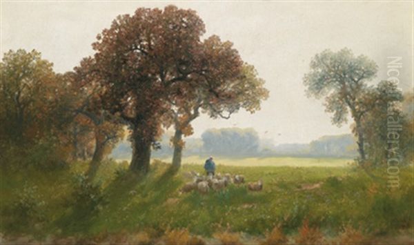 Heimkehrende Schafherde Mit Hirtin Oil Painting by Adolf Kaufmann