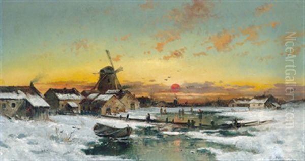 Sonnenuntergang Uber Winterlicher Dorflandschaft Oil Painting by Adolf Kaufmann