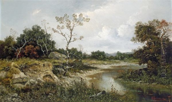 Eine Flusslandschaft Mit Spaziergangerin Oil Painting by Adolf Kaufmann