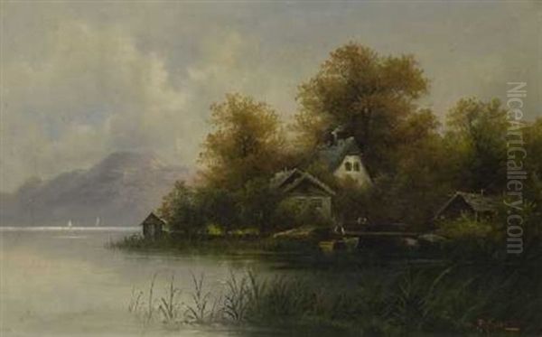 Hauser Am Seeufer Oil Painting by Adolf Kaufmann