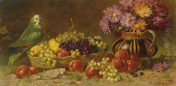 Fruchtestilleben Mit Papagei Und Blumenstraus Oil Painting by Adolf Kaufmann