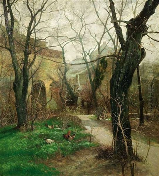 Herbstlicher Kirchgarten Mit Huhnern Oil Painting by Adolf Kaufmann