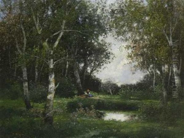 Rastende Reisigsammlerin Am Teich In Baumlandschaft Oil Painting by Adolf Kaufmann