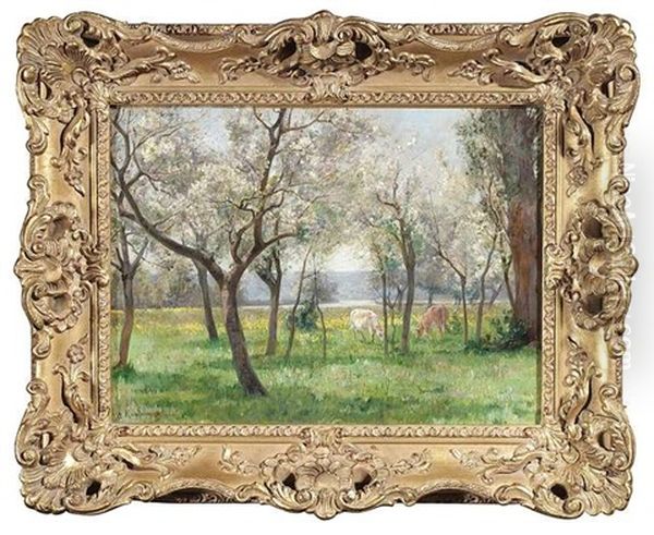 Sommerliche Baumwiese Mit Grasenden Kuhen Oil Painting by Adolf Kaufmann