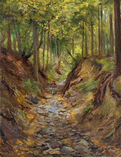 Holzsammlerin Am Waldweg Oil Painting by Adolf Kaufmann