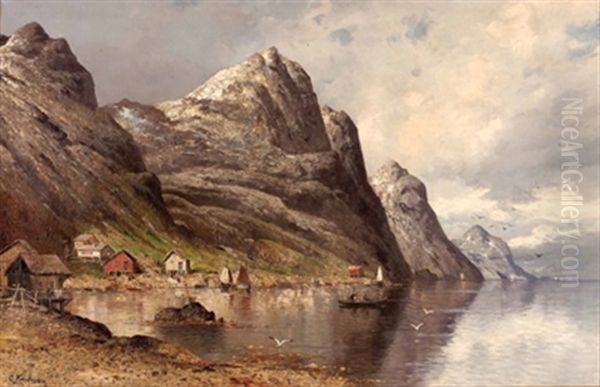 Fjordlandschaft Mit Holzhausern Und Fischerbooten Oil Painting by Adolf Kaufmann