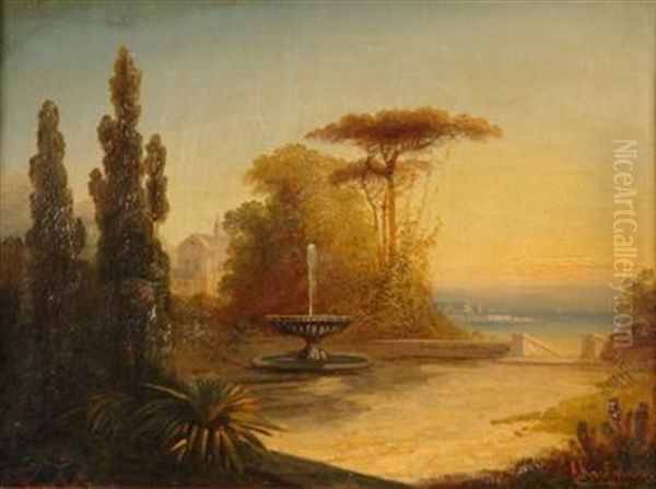 Uferlandschaft Mit Skulptiertem Brunnen. Im Hintergrund Die Sihouette Von Venedig (?) Oil Painting by Adolf Kaufmann