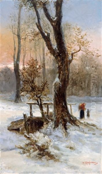 Holzsammlerin Im Winterwald Oil Painting by Adolf Kaufmann