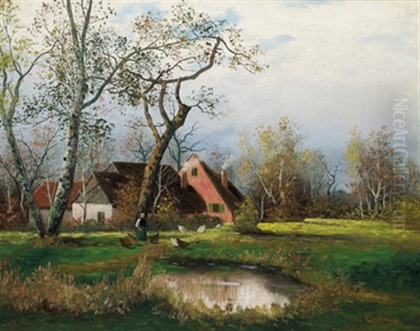 Gehoft Am Weiher Oil Painting by Adolf Kaufmann