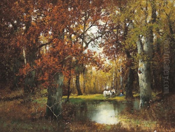 Herbstwald Mit Figurlicher Staffage Oil Painting by Adolf Kaufmann