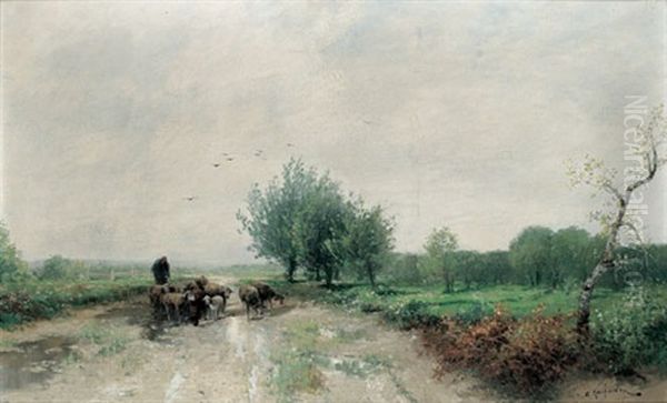 Schafer Mit Seiner Herde Am Heimweg Oil Painting by Adolf Kaufmann