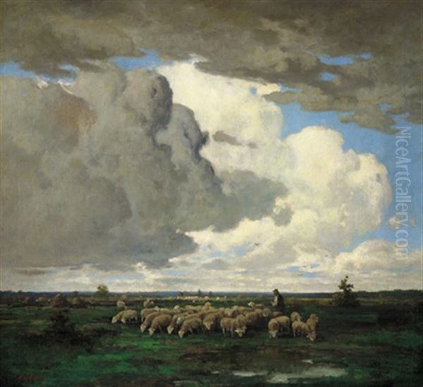 Schafherde Mit Hirte In Weiter Landschaft Oil Painting by Adolf Kaufmann