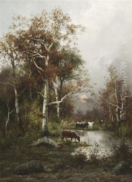 Kuhe Vor Untergehender Sonne Am Waldsee Oil Painting by Adolf Kaufmann