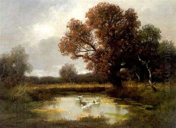 Herbstliche Waldlichtung Mit Ententeich Oil Painting by Adolf Kaufmann