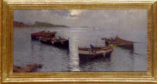 Fishing Boats In The Bay Of Naples Oil Painting by Adolf Kaufmann