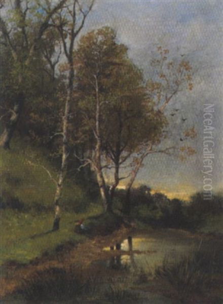 Sitzender Bauerin Am Flusufer Oil Painting by Adolf Kaufmann