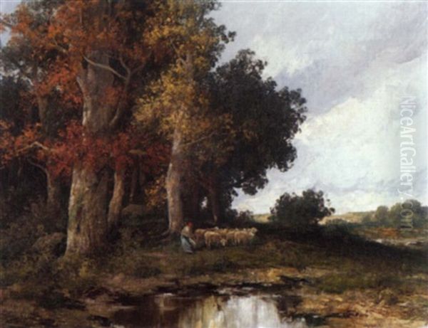 Hirtin Mit Schafherde An Einem Weiher Oil Painting by Adolf Kaufmann