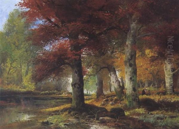 Reisigsammlerin In Herbstlichem Buchenwald Oil Painting by Adolf Kaufmann