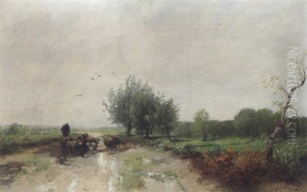 Schafer Mit Seiner Herde Am Heimweg Oil Painting by Adolf Kaufmann