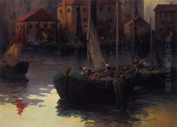 Fischerboote Im Hafen Oil Painting by Adolf Kaufmann