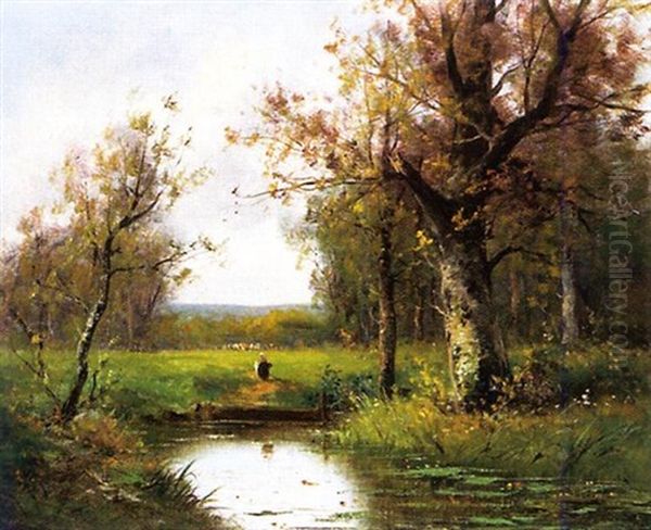 Birkenwald Mit Weiher Und Figurlicher Staffage Oil Painting by Adolf Kaufmann