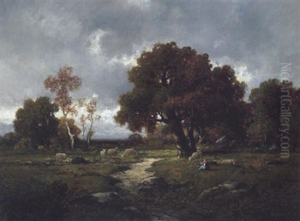 Schafherde Und Hirtin In Den Waldern Von Barbizon Oil Painting by Adolf Kaufmann