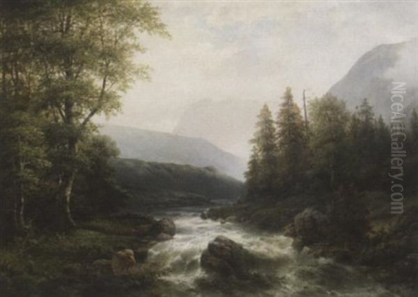 Wildbach Im Gebirge. Aufziehender Nebel Oil Painting by Adolf Kaufmann