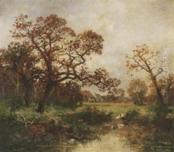 Enten Am Weiher Hinter Dem Dorf Oil Painting by Adolf Kaufmann