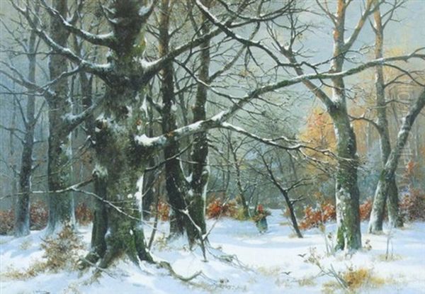 Reisigsammlerin In Verschneitem Wald Oil Painting by Adolf Kaufmann