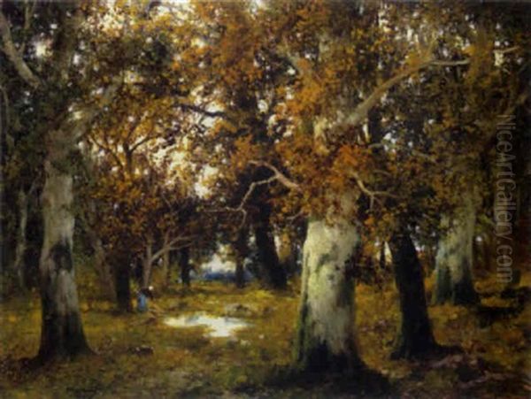 Reisigsammlerin Im Herbstwald Oil Painting by Adolf Kaufmann