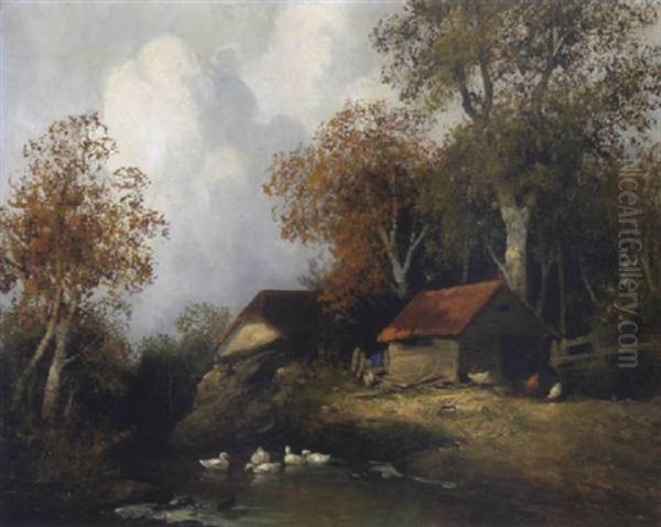 Bauernhof Am Bachufer Oil Painting by Adolf Kaufmann