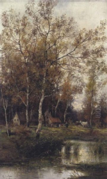 Herbstliche Aulandschaft Mit Weidenden Kuhen Oil Painting by Adolf Kaufmann