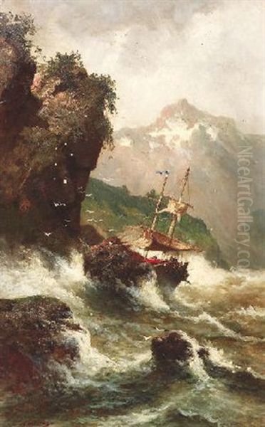 An Felsiger Kuste Gestrandetes Fischerboot Oil Painting by Adolf Kaufmann