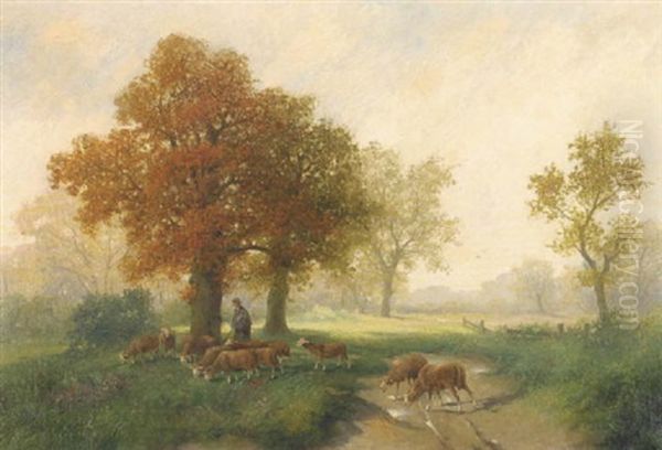 Hirte Mit Schafen In Herbstlicher Parklandschaft Oil Painting by Adolf Kaufmann