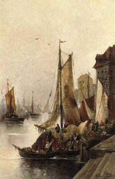 Fishing Boats In The Harbour Oil Painting by Adolf Kaufmann