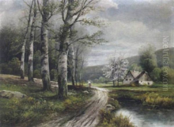 Fruhlingslandschaft Mit Reisigsammlerin Oil Painting by Adolf Kaufmann