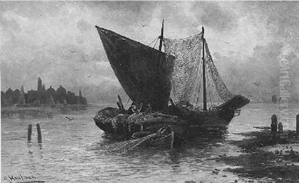 Fischerboote Vor Der Kuste Oil Painting by Adolf Kaufmann