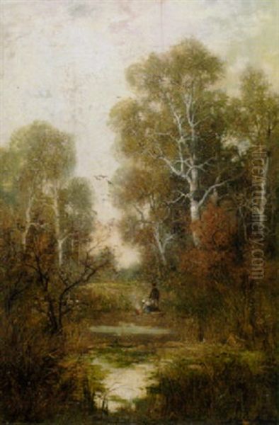 Herbstliche Waldlandschaft Mit Einem Bauernpaar Bei Einem Feuer Am Ufer Des Teiches Oil Painting by Adolf Kaufmann