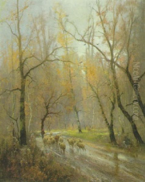 Schaferin Mit Ihrer Herde Im Herbstwald Oil Painting by Adolf Kaufmann