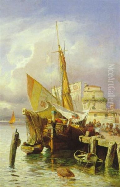 Fischerboot Im Sudlichen Hafen Oil Painting by Adolf Kaufmann