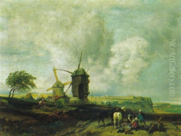 Kustenlandschaft Mit Windmuhlen Oil Painting by Adolf Kaufmann