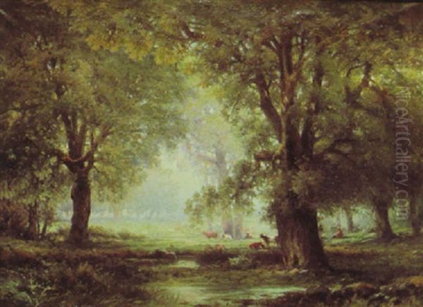 Waldlandschaft Mit Rastender Tierherde Oil Painting by Adolf Kaufmann